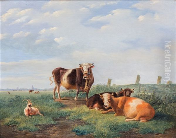 Cows And A Goat In A Meadow by Albertus Verhoesen