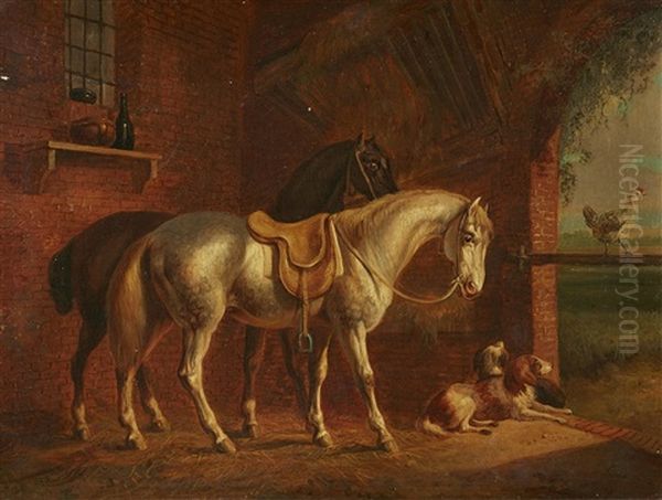 Stable Scene With Two Horses Oil Painting by Albertus Verhoesen