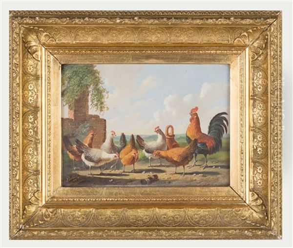 Roosters And Chickens Oil Painting by Albertus Verhoesen