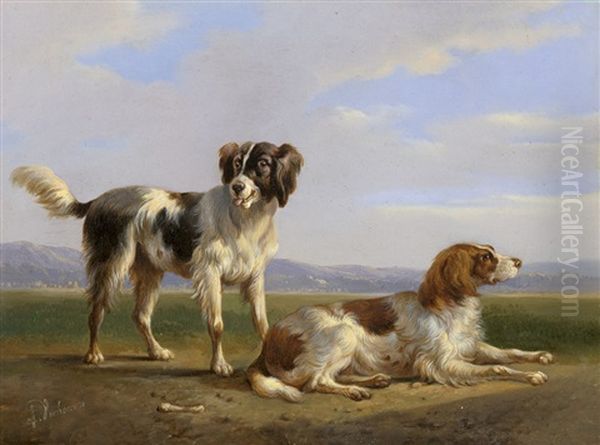 Zwei Munsterlander Mit Knochen Oil Painting by Albertus Verhoesen