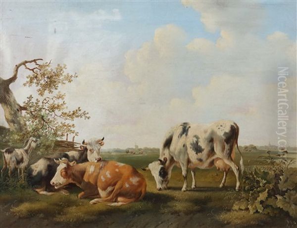 Drei Kuhe Und Eine Ziege Auf Der Weide by Albertus Verhoesen