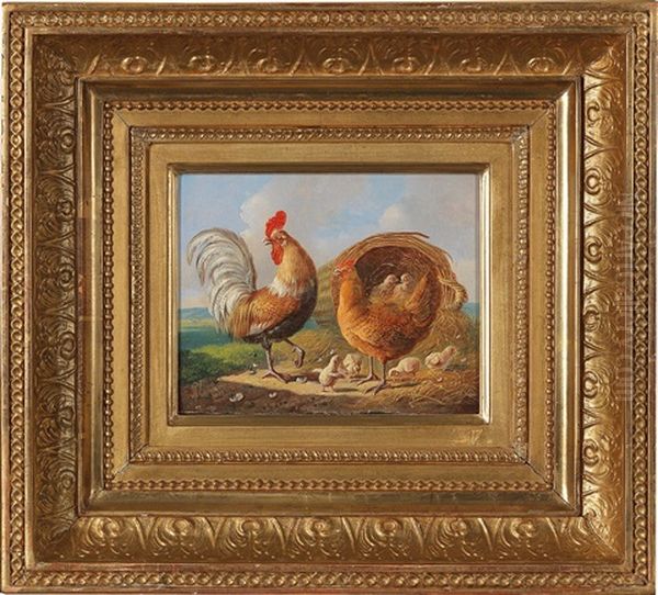 Cock, Hens And Chicks In An Open Landscape Oil Painting by Albertus Verhoesen