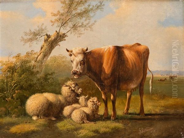 The Cow Accompanies The Sheep With Her Lambs Oil Painting by Albertus Verhoesen