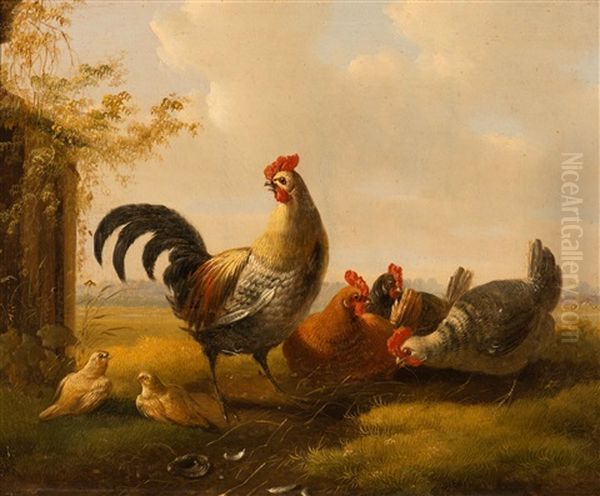 A Rooster At Guard; Picking Grit (2 Works) Oil Painting by Albertus Verhoesen