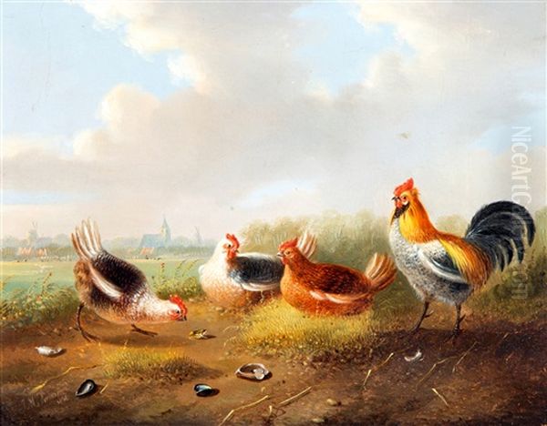 Pluimvee En Een Kikker Oil Painting by Johannes Marinus Verhoesen