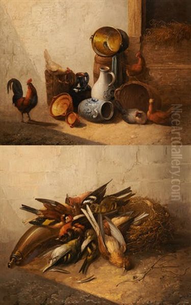 Poules Et Nature Morte (2 Works) Oil Painting by Johannes Marinus Verhoesen