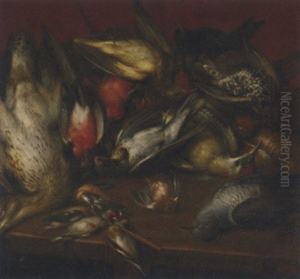 A Hunting Still Life With A Sparrow, A Pigeon, A Woodpecker, A Starling, A Pheasant, A Robin And Other Fowl On A Wooden Table Before A Red Background by Jan (Hans) Verhoeven