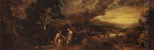 An Extensive Wooded River Landscape With Christ And The Woman Of Samaria Oil Painting by Jan (Hans) Verhoeven