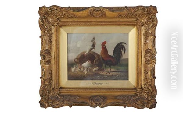 Rooster With Hens And Chicks Oil Painting by Adrien Joseph Verhoeven-Ball