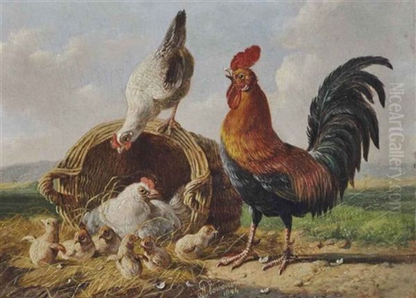 Rooster With Hens And Chicks Oil Painting by Adrien Joseph Verhoeven-Ball