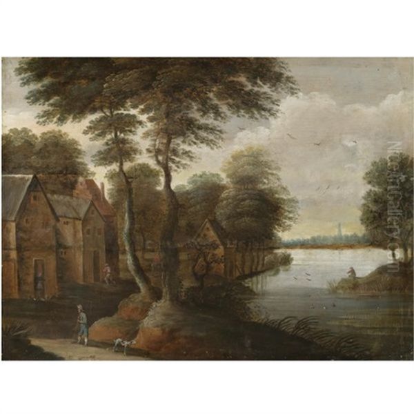 A River Landscape With Figures In The Foreground And A Fisherman On The Right Bank by Antonie Pierre Verhulst