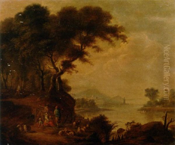 A Wooded River Landscape With Figures And Sheep On A Bank, Figures In A Rowing Boat Beyond, A View To A Town In The Distance Oil Painting by Antonie Pierre Verhulst