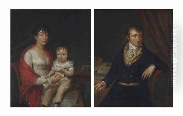 Portrait D'un Homme Et Portrait De Son Epouse Et Enfant (2 Works) Oil Painting by Charles-Pierre Verhulst