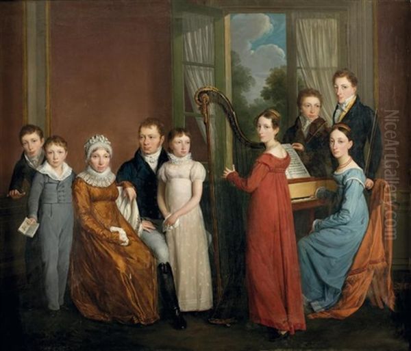 Reunion De La Famille Debie, Autour D'un Clavecin Et D'une Harpe Oil Painting by Charles-Pierre Verhulst