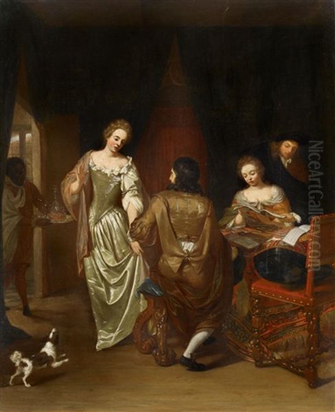 A Courtship Scene Oil Painting by Jan Verkolje the Elder