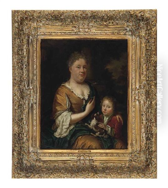 Portrait Of A Lady And Child Holding A Spaniel Oil Painting by Jan Verkolje the Elder