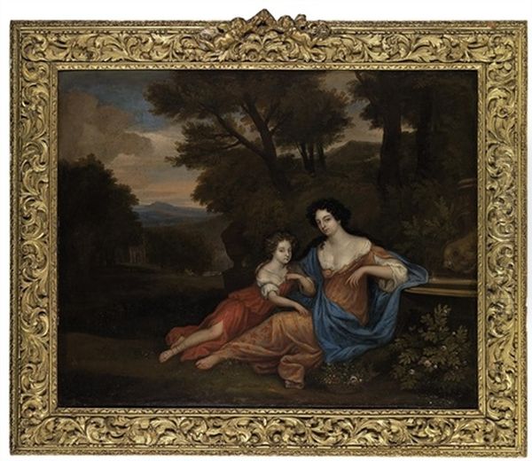 Portrait Of Two Ladies In A Landscape Oil Painting by Jan Verkolje the Elder