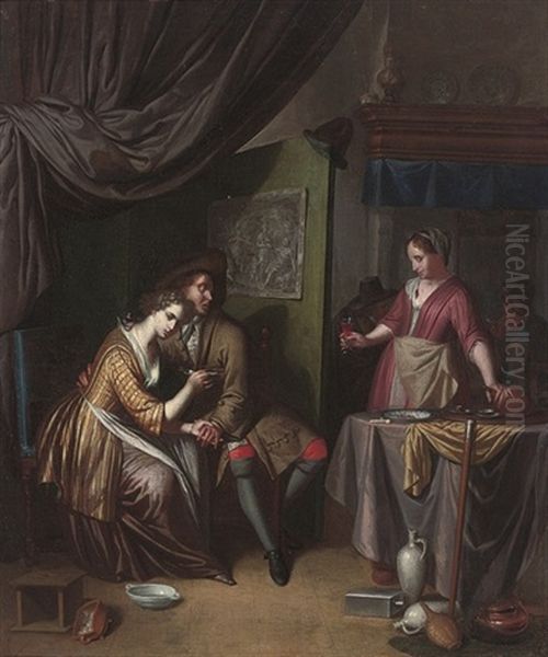 An Amorous Couple Being Offered A Glass Of Wine Oil Painting by Jan Verkolje the Elder