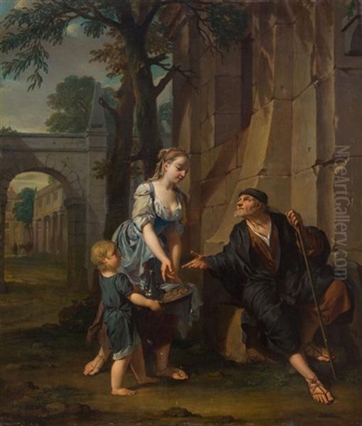 An Allegory Of Charity: A Young Woman And A Boy Offering Sustenance To An Old Man Oil Painting by Nicholaas Verkolye