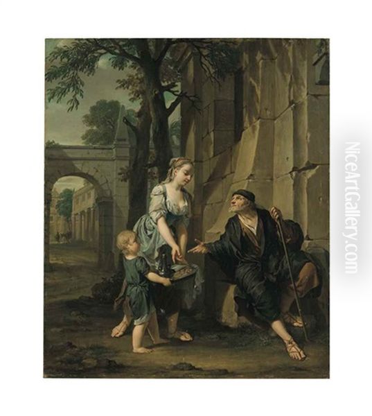 An Allegory Of Charity: A Young Woman And A Boy Offering Sustenance To An Old Man Oil Painting by Nicholaas Verkolye