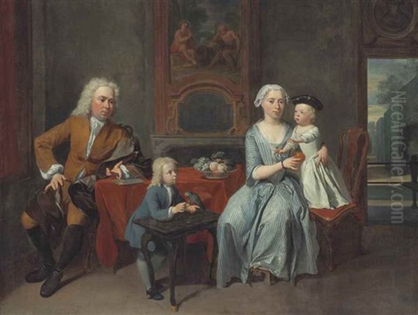 A Family Portrait Of A Gentleman, His Wife Handing An Apple To The Daughter And Their Son Feeding A Parrot In An Interior, A Park Beyond Oil Painting by Nicholaas Verkolye