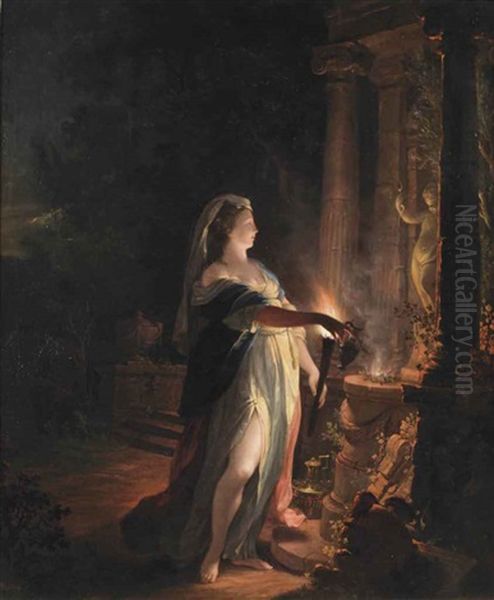 A Lady Making An Offering To Cupid At Night Oil Painting by Nicholaas Verkolye