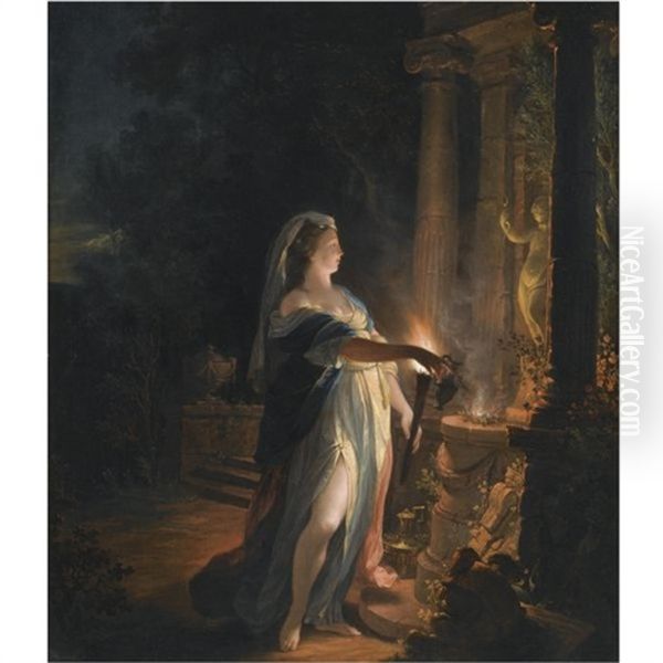 A Goddess Making An Offering At An Altar To Cupid At Night Oil Painting by Nicholaas Verkolye