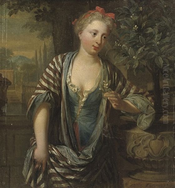 A Young Woman Holding A Flower by Nicholaas Verkolye