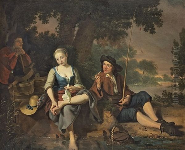 A Fisherman And A Milkmaid Resting On A River Bank Oil Painting by Nicholaas Verkolye