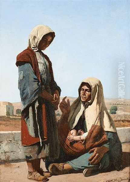 Mere Et Ses Enfants A Jerusalem Oil Painting by Charles Verlat