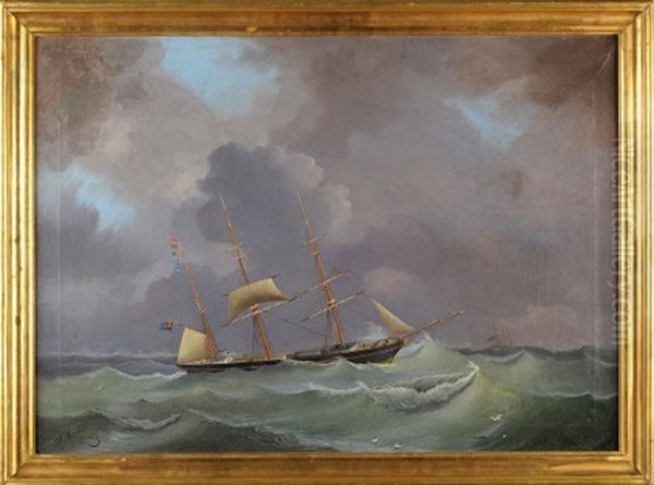 A Barque In A Stormy Sea Oil Painting by Jacob Vermaas