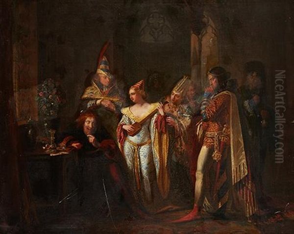 Assemblee De Troubadours Autour D'un Roi Fou Oil Painting by Jean Baptiste Vermay