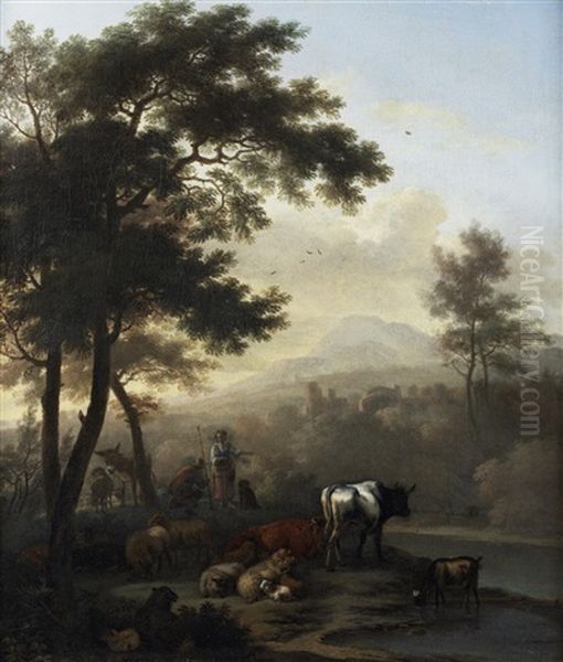 Shepherds Grazing Their Cattle Before An Open Italianate Landscape Oil Painting by Jan Vermeer van Haarlem III