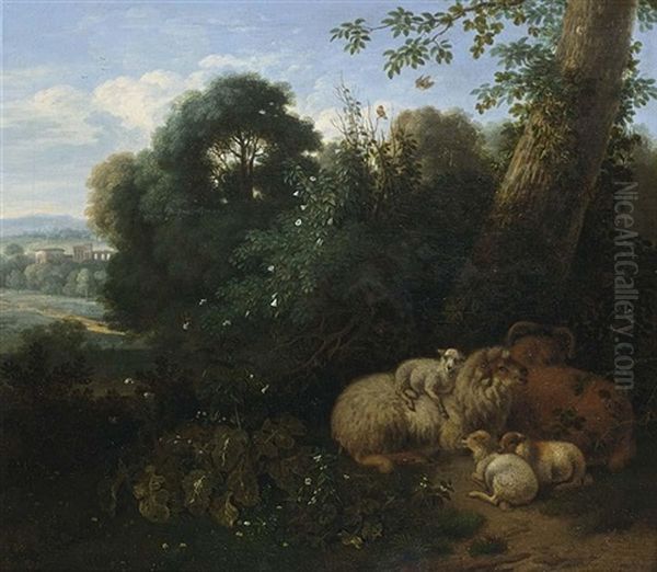 A Flock Of Sheep Under A Tree With A Classical Landscape Beyond Oil Painting by Jan Vermeer van Haarlem III