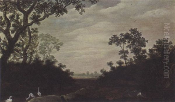 Goats, Storks And A Swan In A Wooded Landscape Oil Painting by Jan Vermeer van Haarlem the Elder