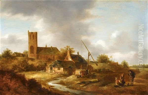 Village Scene With Well Oil Painting by Jan Vermeer van Haarlem the Younger