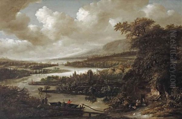 A Wooded River Landscape With Fishermen In A Boat And Hunters On A Track, A Town Beyond Oil Painting by Jan Vermeer van Haarlem the Younger