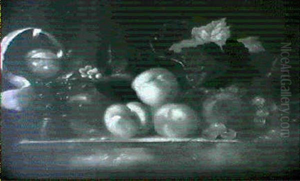 A Roemer, Peaches, Cherries, And Grapes On A Stone Ledge Oil Painting by Barent (v. d. Meer) Vermeer