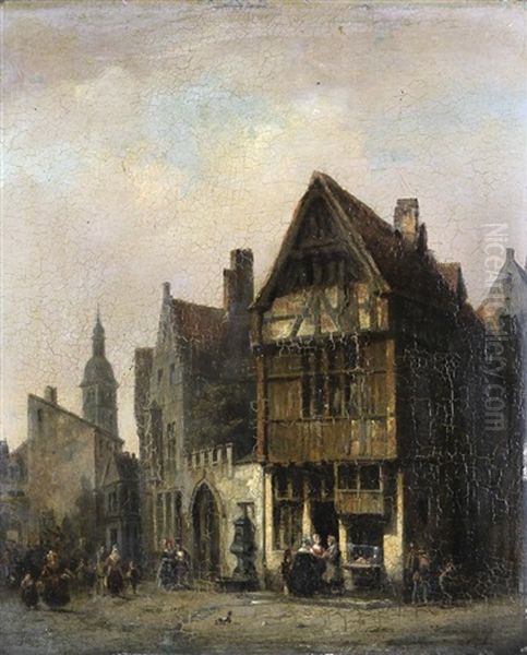 Vue D'une Ville Animee De Personnages Oil Painting by Ivo Ambroise Vermeersch