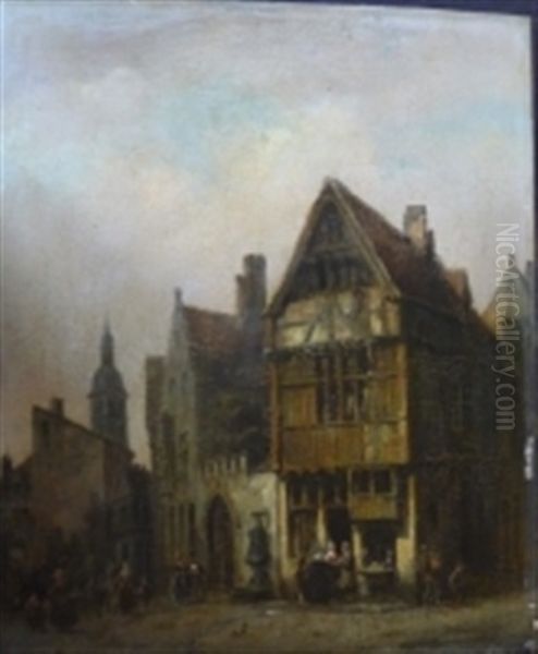 Vue D'une Rue De Ville Animee De Personnages Oil Painting by Ivo Ambroise Vermeersch