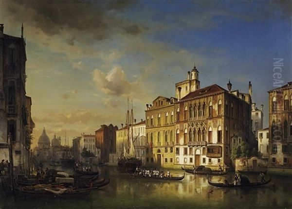 Venedig. Grose Ansicht Mit Zahlreichen Schiffen Auf Dem Canal Grande. Im Hintergrund Santa Maria Della Salute Oil Painting by Ivo Ambroise Vermeersch