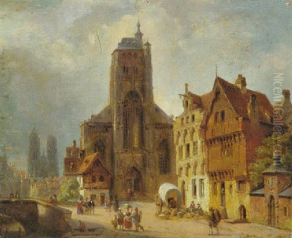 Kirchplatz Eines Alten Stadtchen Mit Staffagefiguren Oil Painting by Ivo Ambroise Vermeersch