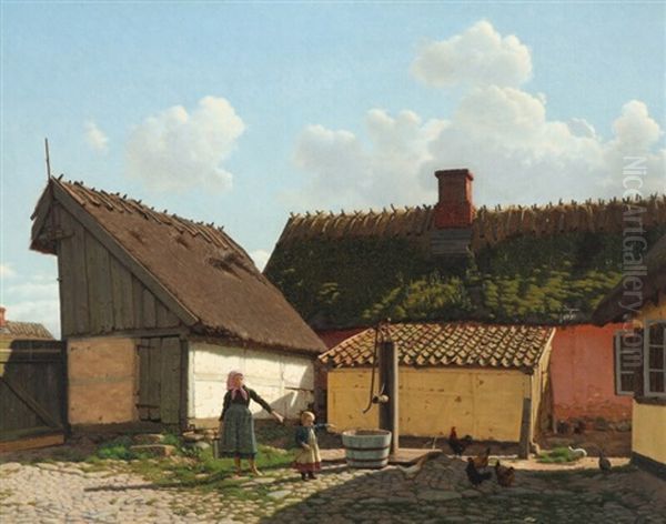 Two Sisters Looking At The Hens In The Courtyard Oil Painting by Frederik (Johan Frederik Nikolai) Vermehren