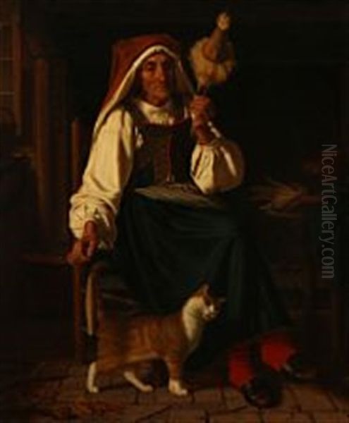 Interior With An Old Female Spinner Oil Painting by Frederik (Johan Frederik Nikolai) Vermehren