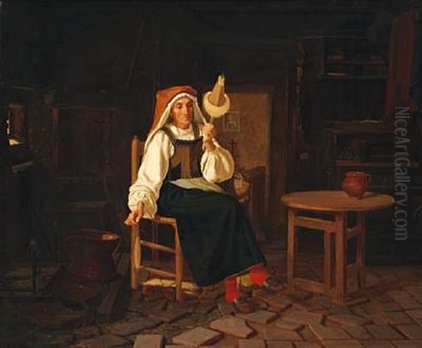 A Country Interior With An Elderly Italian Woman Spinning Yarn by Frederik (Johan Frederik Nikolai) Vermehren