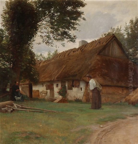 Two Women In Front Of A Thatched Farmhouse Oil Painting by Gustav Vermehren