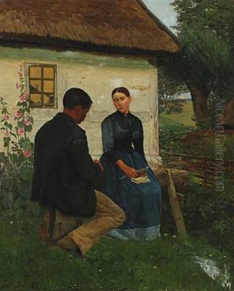 A Young Couple By A Farmhouse Oil Painting by Gustav Vermehren