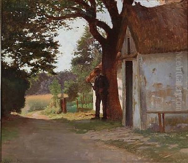 A Smoking Man At A White Farm Oil Painting by Gustav Vermehren