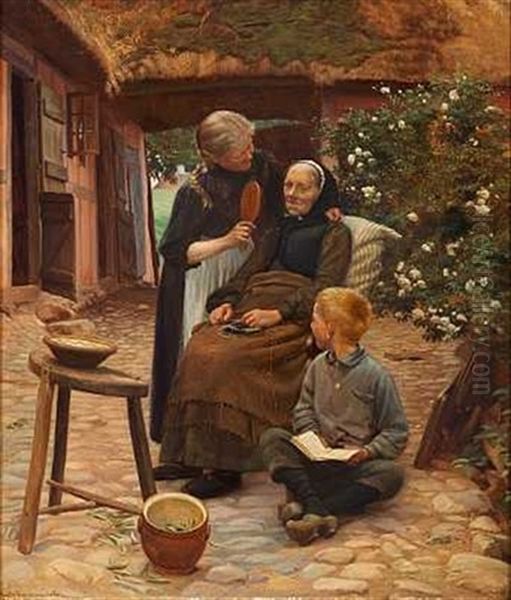 En Bedstemoder Og To Store Born Pa En Gardsplads Oil Painting by Gustav Vermehren