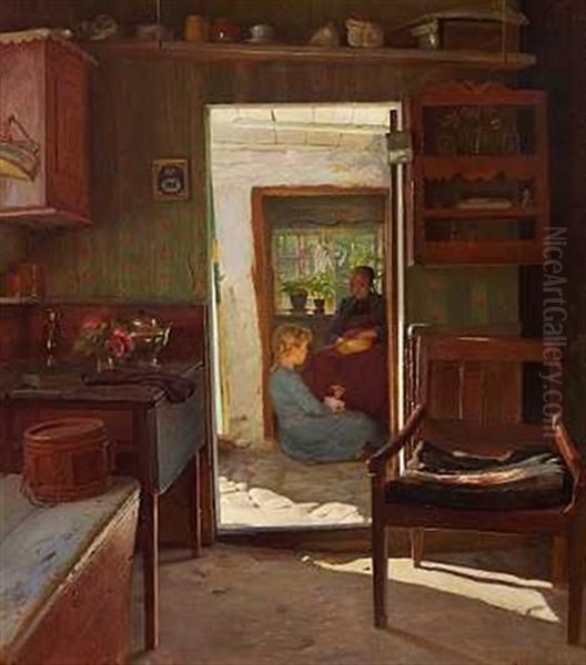 En Lille Pige Og Hendes Bedstemoder I En Dorabning Oil Painting by Gustav Vermehren